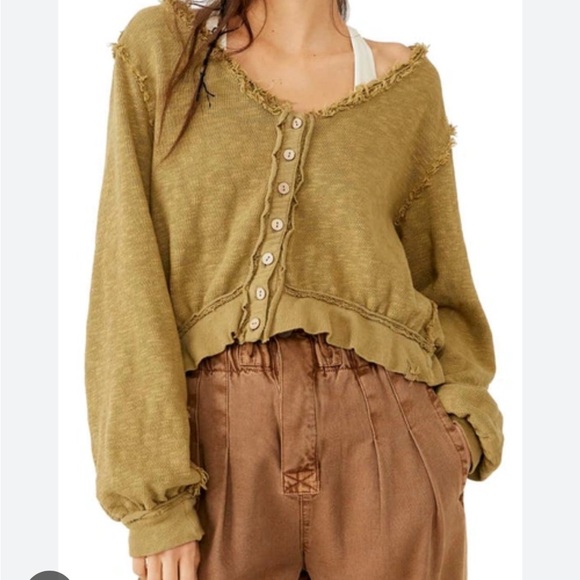 Free People X We The Free Golden Road Cardigan Curly Willow Mustard Olive Crop - Picture 1 of 15